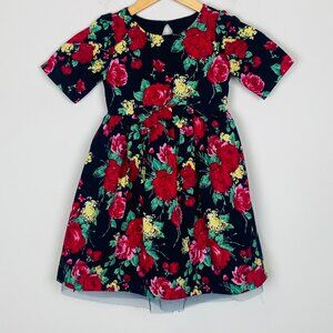 Janie & Jack Floral 100% Cotton Dress Navy Red Formal Tulle Bow, Girls Size 5